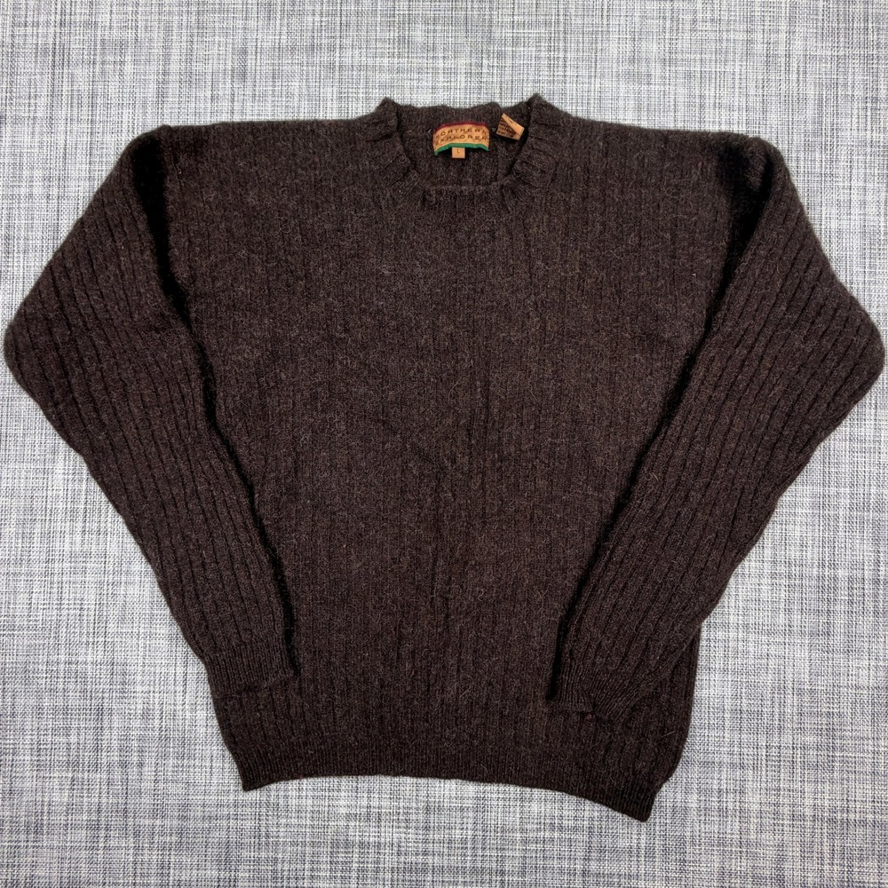 Northern Explorer Mens Shetland Wool Crewneck Sweater Brown Ribbed Cable Knit L